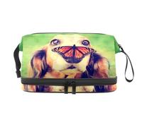 Cute Dachshund with Butterfly in Park Double Layer Cosmetic Bag for Women and Girls, Travel Toiletry Bag Makeup Handy Pouch Organiser Bag with Brush Compartment