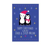 Cute - Dad - Stepmum - Dad and Stepmum - Penguins - Penguin Love - Stars - Snowflakes - From the Kids - Christmas Card