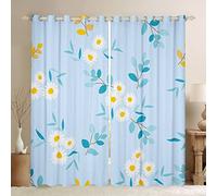 Cute Daisy Blackout Curtain White Flower Blue Leaves Window Drapes for Kids Girls Room Decor, Botanical Floral Window Treatments Grommet Top 2 Panel Set Bedroom Curtains, 46Wx54L inch