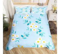Cute Daisy Duvet Cover Set Double Size, White Flower Blue Leaves Bedding Set 3pcs for Kids Boys Girls Room Decor, Botanical Floral Comforter Cover Soft Polyester Quilt Cover with 2 Pillowcases