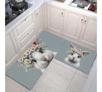 Cute Daisy Wreath Bunny Non Slip kitchen mats Sets 2 Piece, Watercolor Minimalist Kitchen Mat Anti Fatigue, Light Gray kitchen carpets for Decoration - 44x75cm+44x120cm