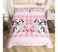 Cute Dalmatian Duvet Cover Set Double Size,Cartoon Paws Print Bedding Set for Boys Girls,3 Pieces Soft Breathable Pink White Square Grid Comforter Cover(1 Duvet Cover + 2 Pillowcases)