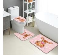 Cute Deer Bathroom Mat Sets 3 Piece, Peach Fawn Floral Absorbent Non Slip Toilet Rugs U Shaped Washable, Winter Quick Dry Flannel Bathroom Rug Set