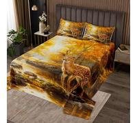 Cute Deer Bedspread Single Size,Elk Wildlife Animals Bedding for Kids Teens Bedroom Decor,Rustic Jungle Maple Leaves Coverlet Set,Yellow Brown Quilt Set for All Season,2 Pcs with 1 Pillowcase