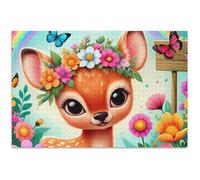 Cute Deer Flower Crown Adult Puzzles Jigsaw 500 Pieces Flower Animal Print Gag Gift Puzzle White Elephants Gifts, 20.5x14.9 Inch