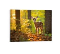 Cute Deer Wall Decor Poster, A Fawn in An Autumn Forest Framed Canvas Wall Art for Bathroom Kid's Room, Funny Fall Landscape Artworks, Thanks Giving Gifts, 20x25CM