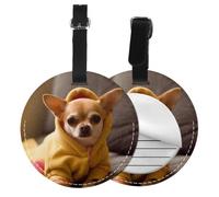 Cute Depressed Chihuahua Print 1/2pcs Luggage Tags,Round Leather Travel Suitcase Labels with Privacy Name Address Card