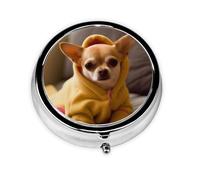 Cute Depressed Chihuahua Print Pill Box, Round Pill Organizer, 3 Compartment Small Pill Case for Purse & Pocket, Portable Medicine Box, Travel Pill Case