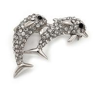 Cute Diamante Dolphin Brooch (Rhodium Plated Metal)