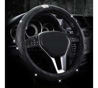 Cute Diamond Decoration Light Leather Anti-Slip Steering Wheel Cover with Bling Bling Crystal Rhinestones, Universal 15 Inch for Women or Girls (Crown Black)