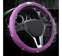 Cute Diamond Decoration Light Leather Anti-Slip Steering Wheel Cover with Bling Bling Crystal Rhinestones, Universal 15 Inch for Women or Girls (Crown Purple)