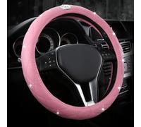Cute Diamond Decoration Light Leather Anti-Slip Steering Wheel Cover with Bling Bling Crystal Rhinestones, Universal 15 Inch for Women or Girls (Crown Pink)