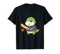Cute Dino Playing Cricket Cartoon Kids Fun T-Shirt