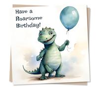 Cute Dinosaur Birthday Card - Have A Roarsome Birthday - Dinosaur With Blue Balloon - Made in UK