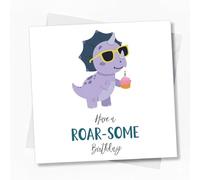 Cute Dinosaur Birthday Card Square | Roar-Some Pun Greeting for Kids Boy Girl Son Daughter Grandson Niece Nephew | Funny Triceratops Dino - 131
