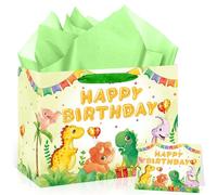 Cute Dinosaur Birthday Gift Bag Green Dinosaur Happy Birthday Wrapping Bag with Tissue Paper Greeting Card Dino Party Decoration for Boy Girl Kids Baby Shower Party Favor Gift Decor Supplies