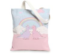 Cute Dinosaur Canvas Tote Bag, Pastel Reusable Shopping Bags, Lightweight Blue Carryall with Shoulder Straps 13x15 Inch