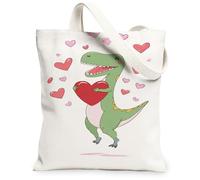 Cute Dinosaur Canvas Tote Bags, Adorable Dino Heart Pattern Reusable Grocery Bags, Fun Lightweight Washable Shoulder Strap, White, 13x15 Inch