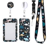 Cute Dinosaur Lanyards, Cool Black Dinosaur Key Lanyard Card Holder, Work School ID Card Badge Holder with Retractable Reel Clip for Women Nurse Nursing Doctor Teacher Student Kids