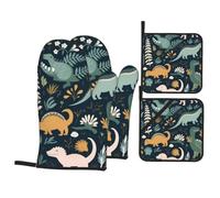 Cute Dinosaur Oven Mitts And Pot Holders 4 Pcs Set - Anti-Skid Oven Gloves, Insulated Microwave Oven Mitts And Cooking Mitts For Kitchen Baking Bbq Grilling