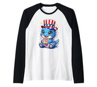 Cute Dinosaur Patriotic 4th of July Gift Bubble Boba Tea USA Raglan Baseball Tee
