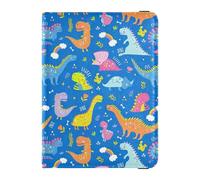 Cute Dinosaur Pattern Blue Leather Passport Holder for Travel Waterproof Money&Card Case for Family Trip Organizer