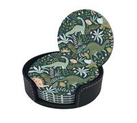 Cute Dinosaur Print Chic Round Leather Coasters â€“ Set Of 6 Full-Print Coasters In A Premium Pu Leather Storage Box