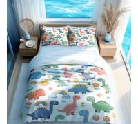 Cute Dinosaur Printed Duvet Cover Set, Cartoon Style Kids Bedding, Sun and Rainbow Pattern, Ultra Soft & Breathable 3 Piece Set for Boys Girls Bedroom (03,Single + 50 x 75cm x2)