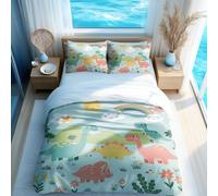 Cute Dinosaur Printed Duvet Cover Set, Cartoon Style Kids Bedding, Sun and Rainbow Pattern, Ultra Soft & Breathable 3 Piece Set for Boys Girls Bedroom (02,Single + 50 x 75cm x2)