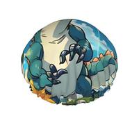 Cute Dinosaur Printed shower cap, reusable, specially designed for women's long hair, double-layer structure, suitable for bathing.