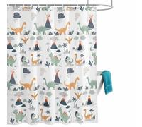 Cute Dinosaurs Shower Curtain for Bathroom, Lovely Yellow Green Cartoon Animals Volcano Tree Cloud Waterproof Cloth Fabric Bathroom Accessories Set with 12 Rust Proof Plastic Hooks, 56” x 78”