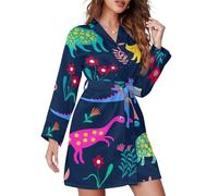 Cute Dinosaurs Yard Soft Women's Robes Pyjamas V-Neck Dressing Gowns Loungewear for Wedding Party XL