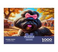 Cute Dog 1000 Pc Adult Jigsaws - Black Puppy Pink Bow Autumn Leaves Impossible Hard Difficult Challenging Game for Wall Decoration And Gifts70x50cm/1000pcs