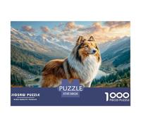 Cute Dog 1000 Pc Jigsaw Puzzle Recycled Paper Puzzle Collie Standing Against Mountain Backdrop for Adults Impossible Hard Game Challenging Educational Activity 38x26cm/1000pcs