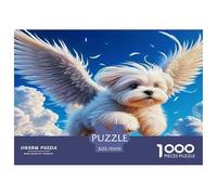 Cute Dog 1000 Pc Puzzle Game for Adults Winged White Puppy Flying Among Clouds Fun And Challenging Family Game Great Gift Idea 70x50cm/1000pcs