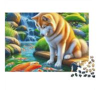 Cute Dog 1000 Piece Game Night Puzzle for Adults Shiba Inu by Waterfall with Koi Fish Premium Thick Sturdy Vibrant Challenging Hard Stress Relief 38x26cm/1000pcs