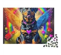 Cute Dog 1000 Piece Hard Puzzle for Adults Angel Rottweiler with Wings And Rainbow Premium Thick Sturdy Vibrant Stress Relief Game 70x50cm/1000pcs
