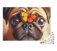 Cute Dog 1000-Piece Jigsaw Puzzle for Adults Pug with Butterfly on Nose Portrait Premium Thick Sturdy Vibrant Challenging Family Game 52x38cm/1000pcs