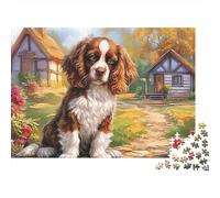 Cute Dog 1000 Piece Jigsaw Puzzle for Women, Men Sitting Spaniel Cottage Brainteasing Jigsaws Challenge Games Great Gift 38x26cm/1000pcs