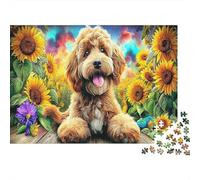 Cute Dog 1000 Piece Jigsaw Puzzle Set for Family Sturdy Cardboard Recycled Material Cockapoo Sunflower Art Home Decor Wall Art Indoor Leisure Mind Challenge Game 38x26cm/1000pcs