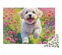 Cute Dog 1000 Piece Relaxation Puzzle for Adults White Puppy Running through Pink Flower Field Premium Thick Sturdy Challenging Stress Relief 52x38cm/1000pcs
