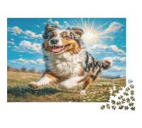 Cute Dog 1000 Pieces Jigsaw Puzzle Recycled Paper Puzzle Australian Shepherd Leaping Under Sunny Sky for Adults Educational Game Decompression Great Gift Idea 70x50cm/1000pcs