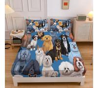 Cute Dog 3-Piece Fitted Sheet, With Pillowcase Cartoon Pets Softest Quality Microfiber - Deep Pocket Up To 30, Wrinkle And Fade Resistant, Double 135×190 Cm Mixed Colors