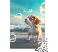 Cute Dog at Ocean 1000-Piece Puzzle for Adults, 52x38cm/1000pcs; for Quiet Downtime Without A Screen; White Cardboard for Steady Handling