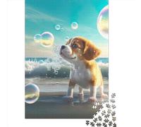 Cute Dog at Ocean Wooden 1000 Pieces Jigsaw Puzzle for Adults Creative Rectangular Puzzle Brain Exercise Challenge Game 1000pcs (75x50cm)