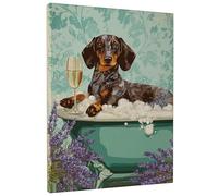 Cute Dog Bath Canvas Wall Art, Black Brown Dachshund Poster Prints, Fun Home Aesthetic Decor for Living Room, Bedroom, Bathroom, Wrapped Canvas 12x16 Inch