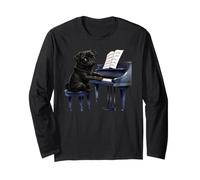Cute Dog Black Pug Playing Piano Musician Music Long Sleeve T-Shirt