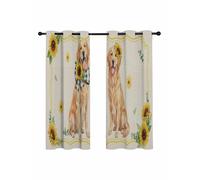Cute Dog Blackout Curtains for Bedroom Living Room, Yellow Sunflower Daisy Vintage Summer Field Animal 54 In Long Thermal Insulated Room Darkening Drapes Grommet Window Treatments, 52 x 54 In