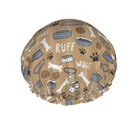 Cute Dog Bone Bowl Woof Paw Print Large Waterproof Shower Bonnet For Women Long Hair, Washable Elastic Band Bath Hair Hat