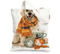 Cute Dog Canvas Tote Bags, Adorable Animal Illustration Reusable Grocery Bags, Lightweight Washable Shoulder Strap Canvas B, White, 13x15 Inch